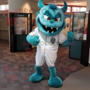 Teal Devil mascot costume character dressed with a Baseball Tee and Tie pins