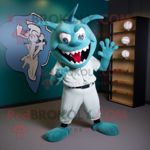 Teal Devil mascot costume character dressed with a Baseball Tee and Tie pins