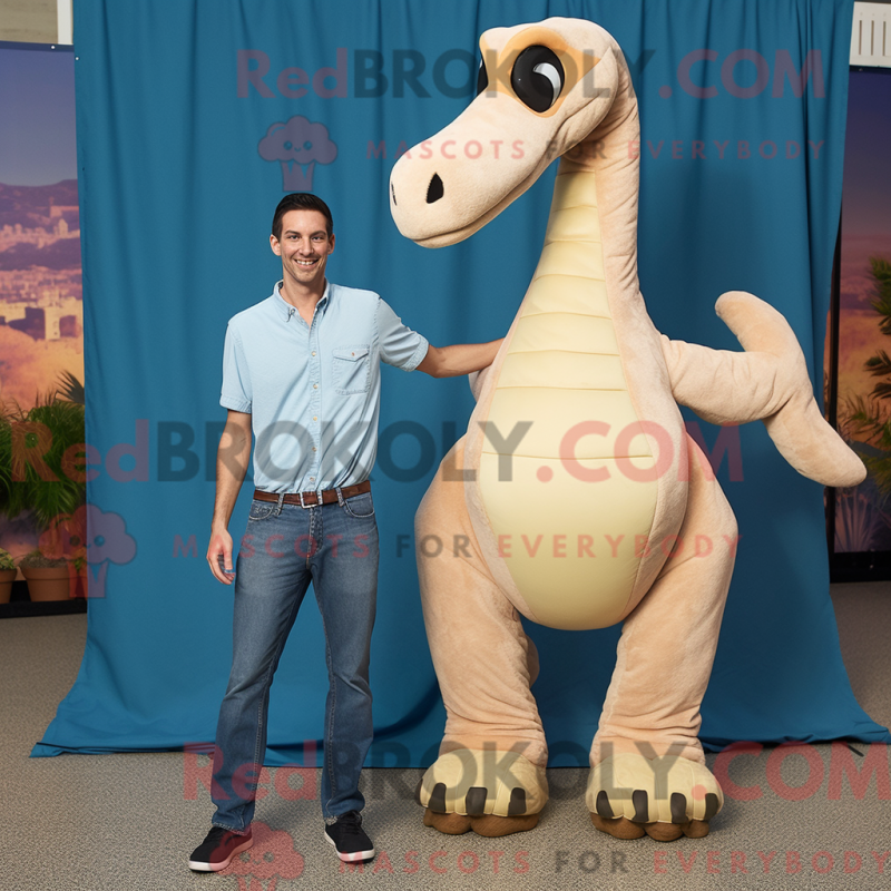 Mascot character of a Tan Brachiosaurus dressed with a Boyfriend Jeans and Cummerbunds