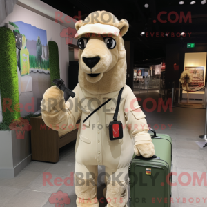 Mascot character of a Cream Camel dressed with a Windbreaker and Briefcases