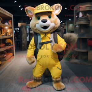Mascot character of a Yellow Marten dressed with a Overalls and Backpacks