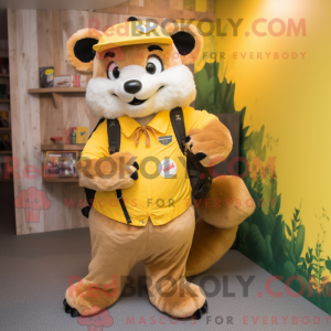 Mascot character of a Yellow Marten dressed with a Overalls and Backpacks