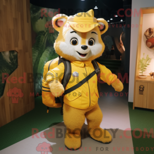 Mascot character of a Yellow Marten dressed with a Overalls and Backpacks