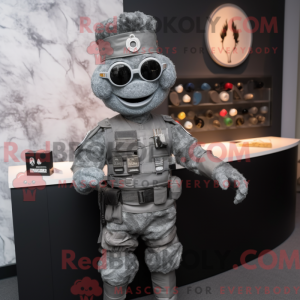 Mascot character of a Gray Para Commando dressed with a Cocktail Dress and Coin purses