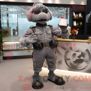 Mascot character of a Gray Para Commando dressed with a Cocktail Dress and Coin purses