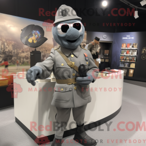 Mascot character of a Gray Para Commando dressed with a Cocktail Dress and Coin purses