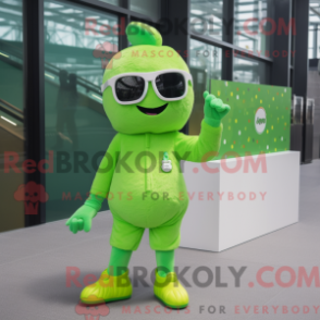 Mascot character of a Lime Green Candy dressed with a Playsuit and Sunglasses