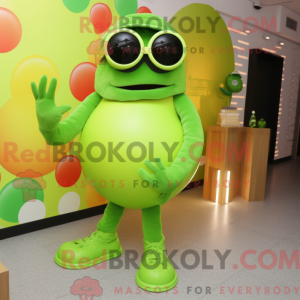 Mascot character of a Lime Green Candy dressed with a Playsuit and Sunglasses