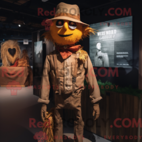 Mascot character of a Rust Scarecrow dressed with a T-Shirt and Lapel pins