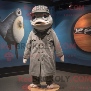 Mascot character of a Gray Salmon dressed with a Coat and Hat pins