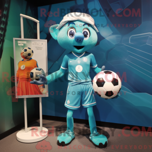 Mascot character of a Teal Soccer Ball dressed with a Mini Dress and Suspenders