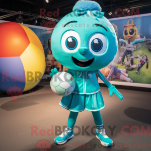 Mascot character of a Teal Soccer Ball dressed with a Mini Dress and Suspenders
