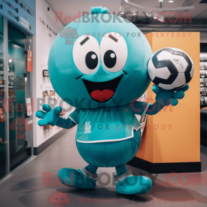 Mascot character of a Teal Soccer Ball dressed with a Mini Dress and Suspenders