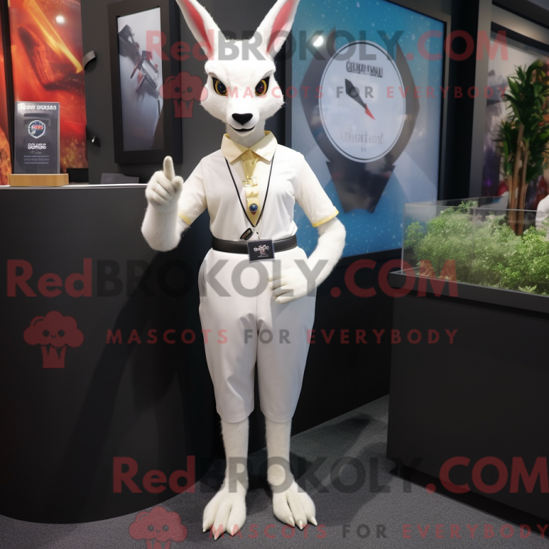 Mascot character of a White Kangaroo dressed with a Pencil Skirt and Bracelet watches