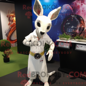 Mascot character of a White Kangaroo dressed with a Pencil Skirt and Bracelet watches