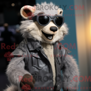 Mascot character of a Gray Mongoose dressed with a Moto Jacket and Eyeglasses