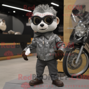 Mascot character of a Gray Mongoose dressed with a Moto Jacket and Eyeglasses