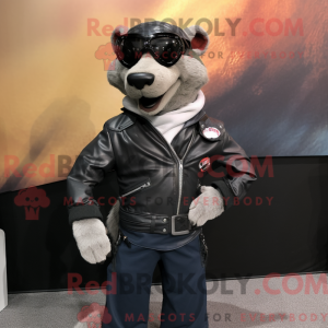 Mascot character of a Gray Mongoose dressed with a Moto Jacket and Eyeglasses