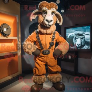 Mascot character of a Rust Ram dressed with a Romper and Suspenders