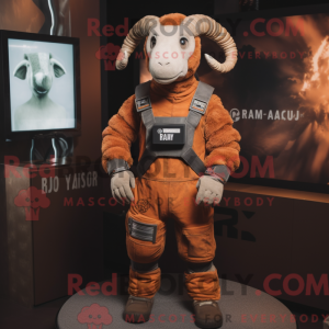 Mascot character of a Rust Ram dressed with a Romper and Suspenders