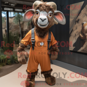 Mascot character of a Rust Ram dressed with a Romper and Suspenders