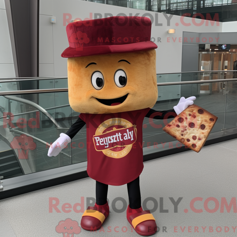 Mascot character of a Maroon Grilled Cheese Sandwich dressed with a V-Neck Tee and Hat pins