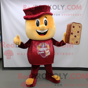 Mascot character of a Maroon Grilled Cheese Sandwich dressed with a V-Neck Tee and Hat pins