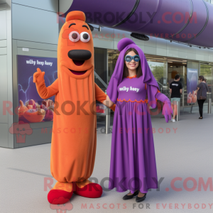 Mascot character of a Purple Hot Dogs dressed with a Maxi Dress and Watches