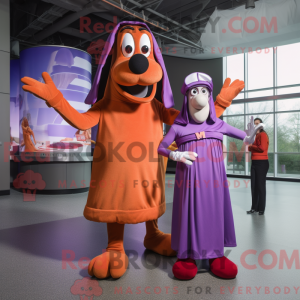 Mascot character of a Purple Hot Dogs dressed with a Maxi Dress and Watches