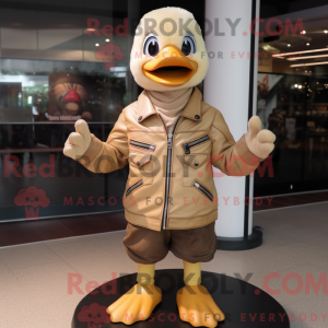 Mascot character of a Beige Gosling dressed with a Biker Jacket and Gloves