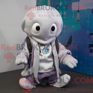 Mascot character of a Silver Octopus dressed with a Jacket and Beanies