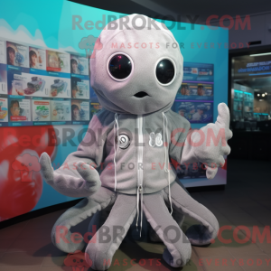 Mascot character of a Silver Octopus dressed with a Jacket and Beanies