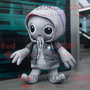 Mascot character of a Silver Octopus dressed with a Jacket and Beanies