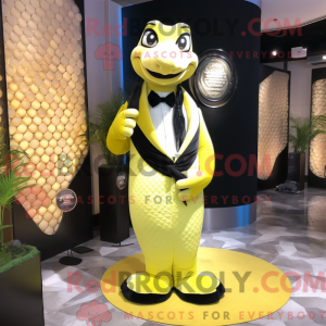 Mascot character of a Lemon Yellow Anaconda dressed with a Tuxedo and Coin purses