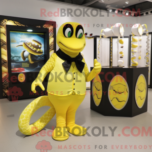 Mascot character of a Lemon Yellow Anaconda dressed with a Tuxedo and Coin purses