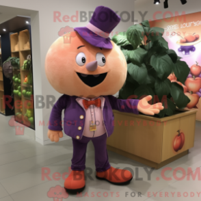 Mascot character of a Peach Grape dressed with a Corduroy Pants and Hairpins