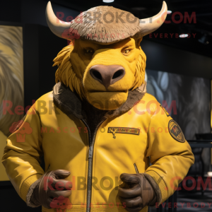 Mascot character of a Yellow Woolly Rhinoceros dressed with a Moto Jacket and Hat pins