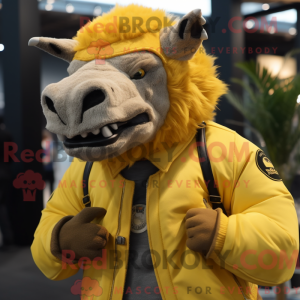 Mascot character of a Yellow Woolly Rhinoceros dressed with a Moto Jacket and Hat pins