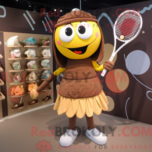 Mascot character of a Brown Tennis Racket dressed with a Wrap Dress and Wraps