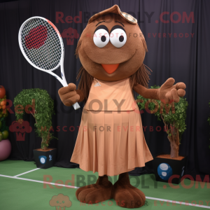 Mascot character of a Brown Tennis Racket dressed with a Wrap Dress and Wraps