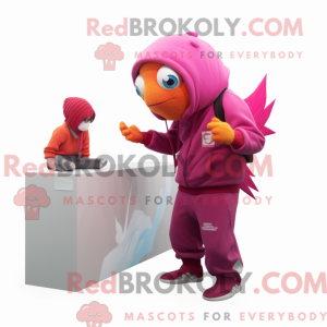 Mascot character of a Magenta Goldfish dressed with a Hoodie and Watches