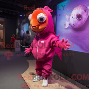 Mascot character of a Magenta Goldfish dressed with a Hoodie and Watches