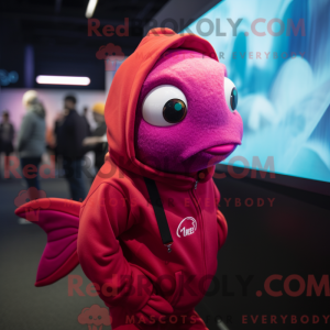 Mascot character of a Magenta Goldfish dressed with a Hoodie and Watches