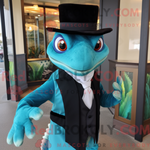 Mascot character of a Turquoise Geckos dressed with a Tuxedo and Scarves