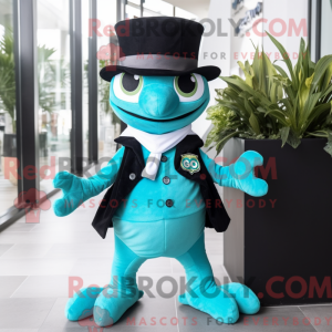 Mascot character of a Turquoise Geckos dressed with a Tuxedo and Scarves