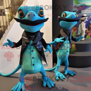 Mascot character of a Turquoise Geckos dressed with a Tuxedo and Scarves