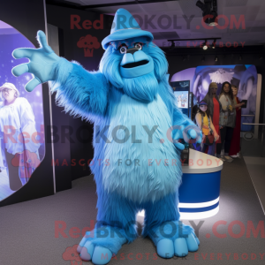 Mascot character of a Blue Sasquatch dressed with a A-Line Dress and Caps