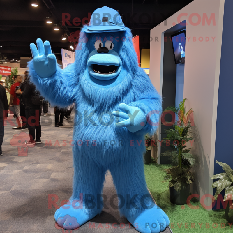 Mascot character of a Blue Sasquatch dressed with a A-Line Dress and Caps