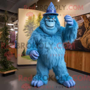 Mascot character of a Blue Sasquatch dressed with a A-Line Dress and Caps