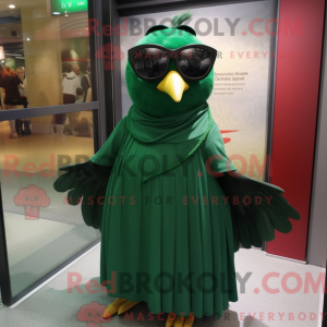 Mascot character of a Green Blackbird dressed with a Empire Waist Dress and Sunglasses